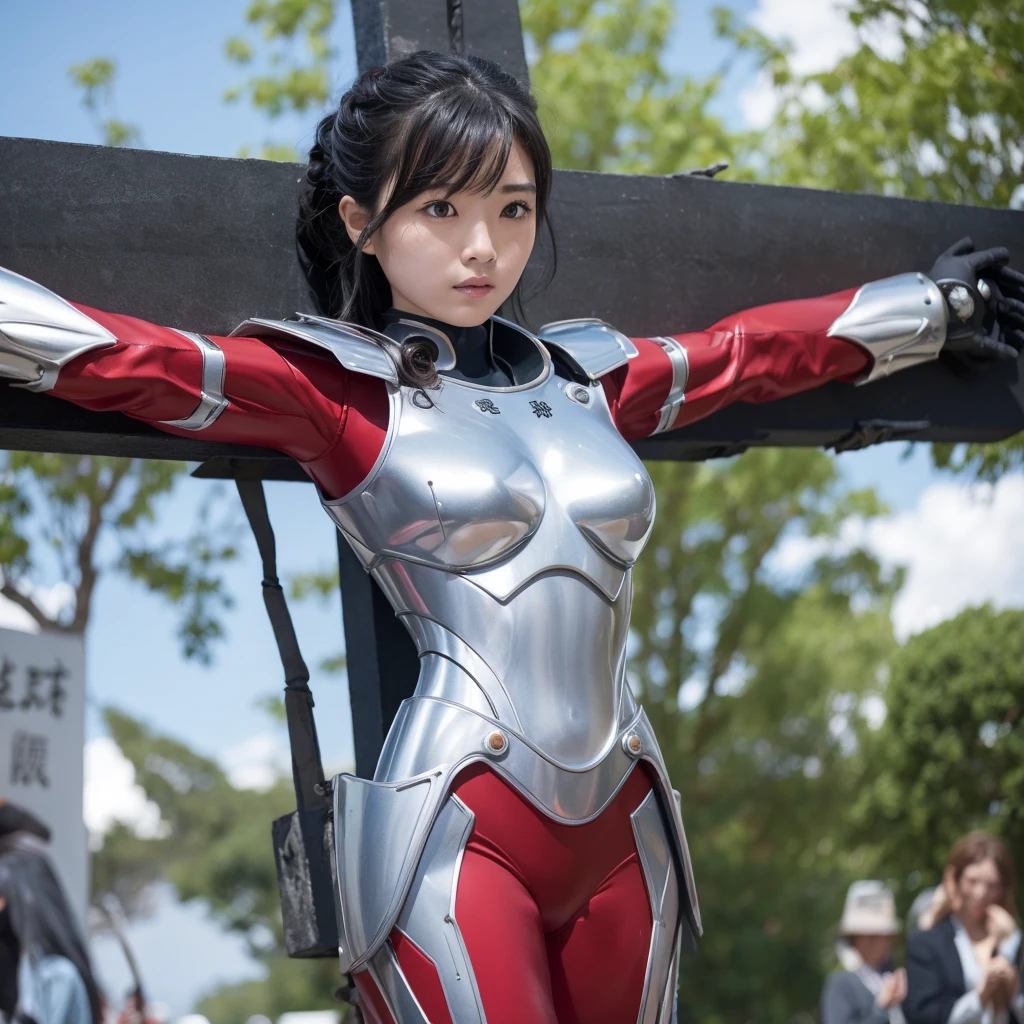Highest quality,masterpiece,Ultra-high resolution, Very detailed, 8k,(Beautiful woman),Beautiful Japanese Women:1.5,Black Hair、((Crucifixion)),torture,slave,((クロスにCrucifixionにされた女性:1.5)),Crucifixion刑, Type X, (Silver and red robot suit, Plump, Slightly thicker)