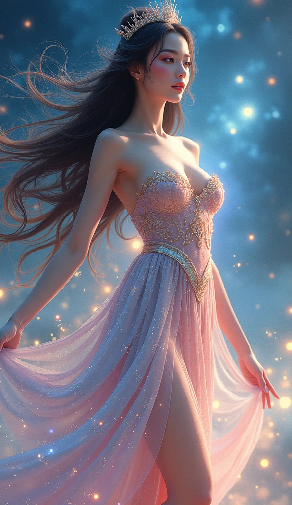 woman, long hair, sunlight, gigantic breasts, iridescent dress, glowing stars, A digital illustration, glowing stars, defraction spikes, chromatic aberration, bloom AND (glowing, holofoil:0.6), a beautiful fantasy empress, guweiz, ruan jia and artgerm, beautiful fantasy maiden, japanese goddess, It was empty inside and she didn't even wear a bra, When she moved her body, her two fat and white breasts swayed left and right, Under the friction with her clothes, her two lotus seed-sized nipples actually stood up, making her clothes bulge out by two pointed,