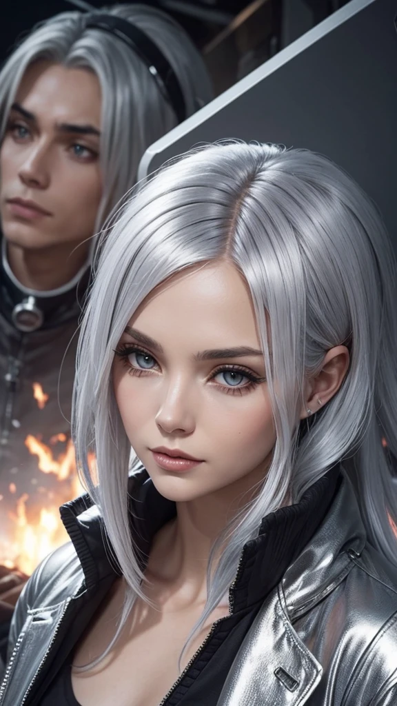 A beautiful woman with silver hair is in a disaster It's in tatters、Smiling。