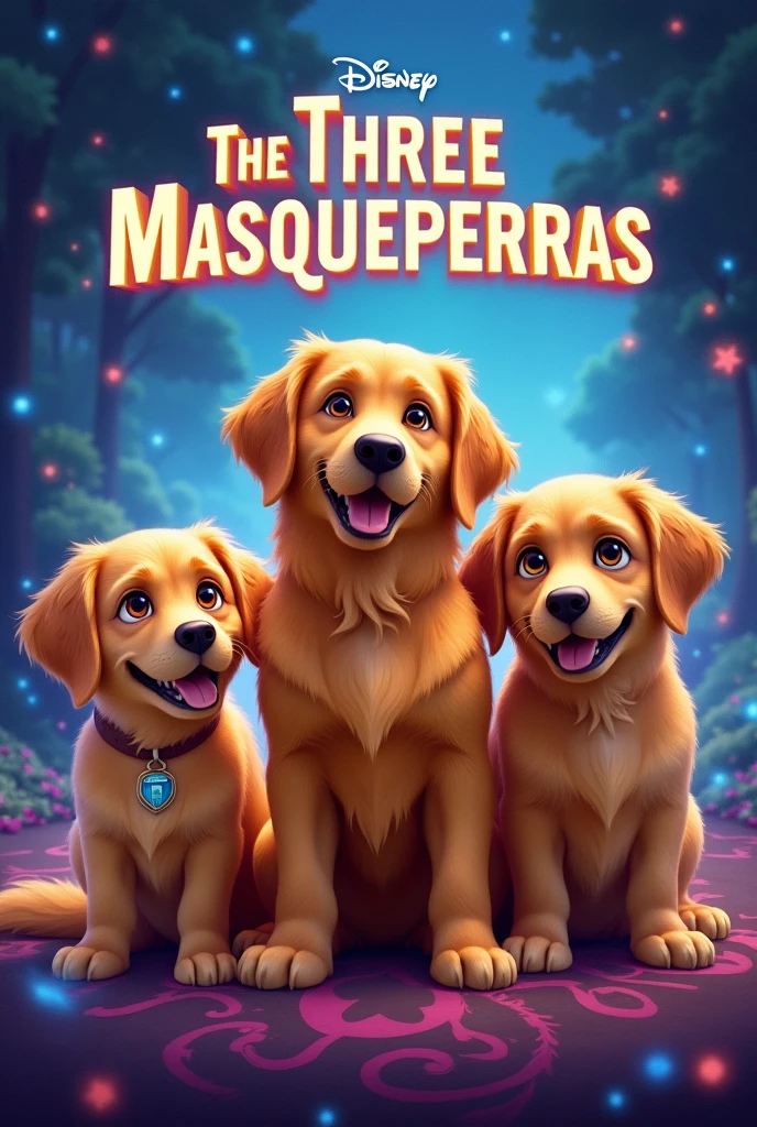 Disney DreamWorks-style movie poster .
At the top is the title of the movie The Three Masqueperras There are 3 golden retriever dogs Their names are Roma, Hanna and MEI HANNA is the smallest Roma is the biggest
