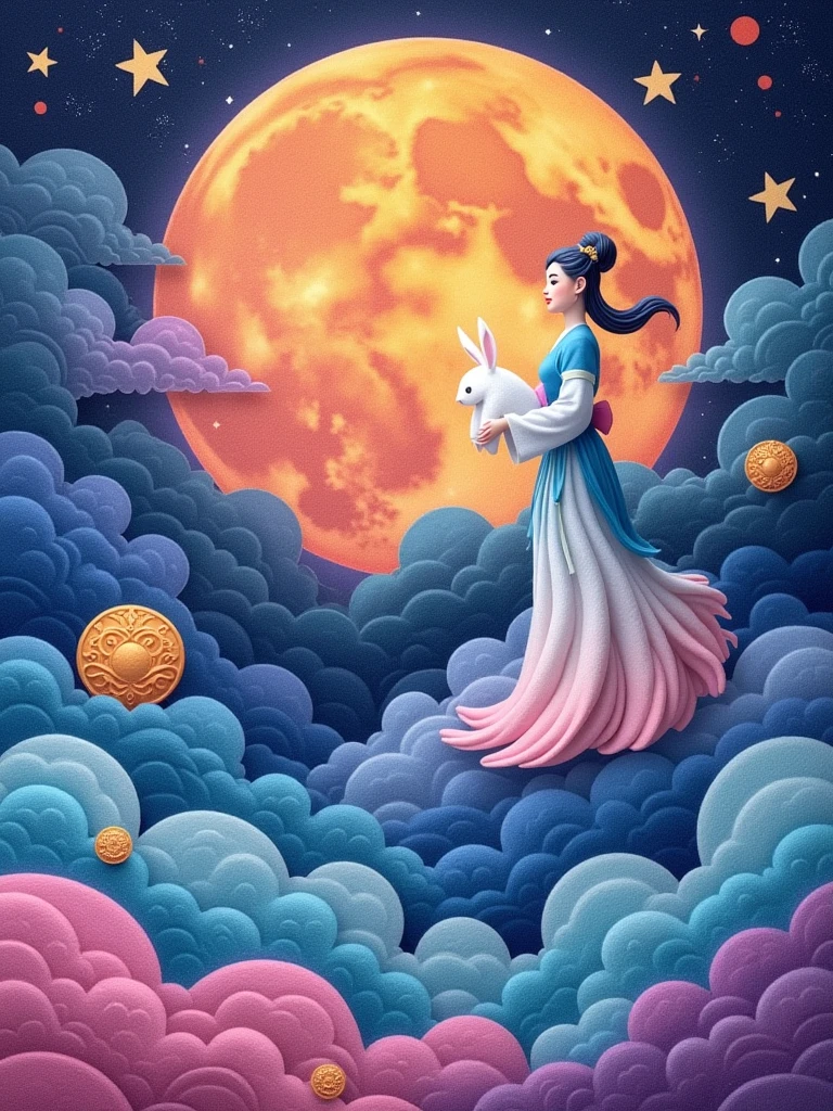 Wool felt style,Surreal space,abstract,Mid-Autumn Festival,Ancient mythology,Hanfu,1个身穿Hanfu的可爱女孩,((Chang'e fairy)),Felt clothing looks soft and warm in the moonlight,((sweet and delicious giant round mooncakes)),Fluffy love heart,Fluffy clouds,Star,Beautiful moon,(White rabbit),(Laurel:1.5),(Osmanthus fragrans:1.5),In a dream,A vibrant and fun way to set the stage,Blue, purple and pink tones,Bright,Art