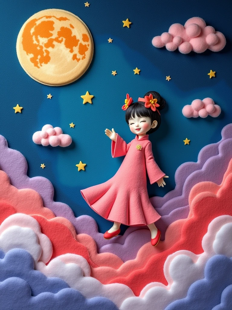 Wool felt style,Surreal space,abstract,Mid-Autumn Festival,Ancient mythology,Hanfu,1个身穿Hanfu的可爱女孩,((Chang'e fairy)),Felt clothing looks soft and warm in the moonlight,((sweet and delicious giant round mooncakes)),Fluffy love heart,Fluffy clouds,Star,Beautiful moon,(White rabbit),(Laurel:1.5),(Osmanthus fragrans:1.5),In a dream,A vibrant and fun way to set the stage,Blue, purple and pink tones,Bright,Art