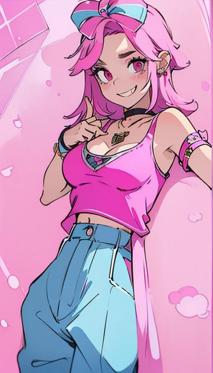 A smug narcissistic pink haired woman wearing a pink bra and blue pants and lots of jewelry flaunting herself 