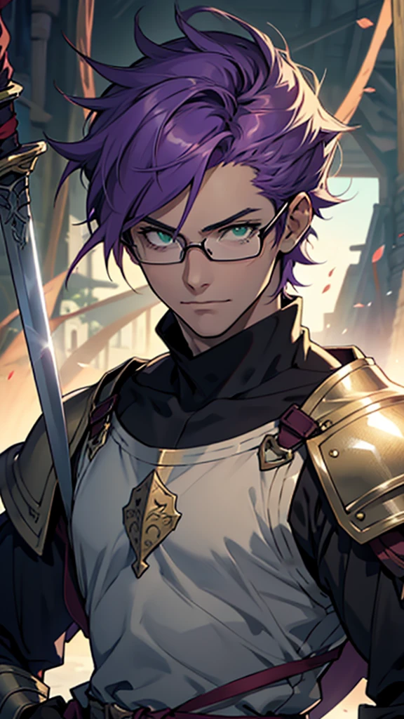 2 male, anime fantasy style, short purple hair, green eyes, glasses, swinging sword, wearing knights armor