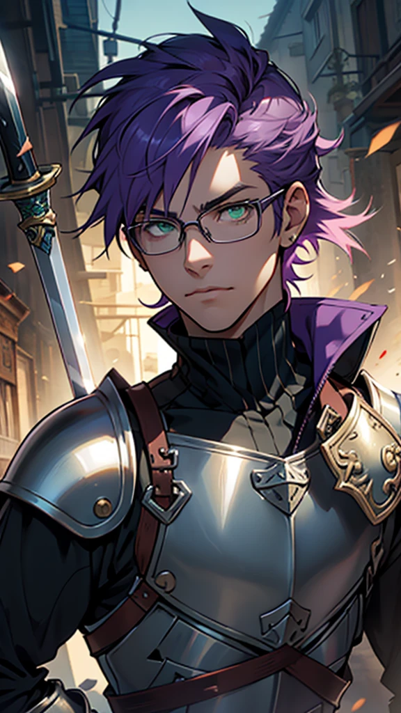 2 male, anime fantasy style, short purple hair, green eyes, glasses, swinging sword, wearing knights armor