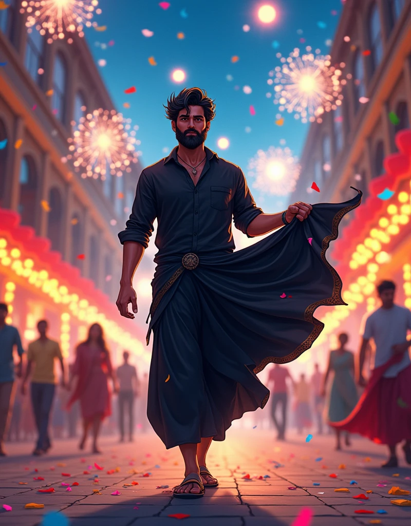 Create a anime style landscape image. Vibrant and dynamic image featuring a man walking confidently down a festive street. The man has a medium skin tone, a full beard, and dark, wavy hair. He is wearing a black shirt and black dhoti, and he is holding a patterned black shirt that flares out as he walks. The background is filled with colorful confetti and fireworks, creating a celebratory atmosphere. The street is illuminated with bright lights, and there are buildings and decorations visible on both sides. The overall scene is lively and energetic, capturing a moment of joy and celebration.