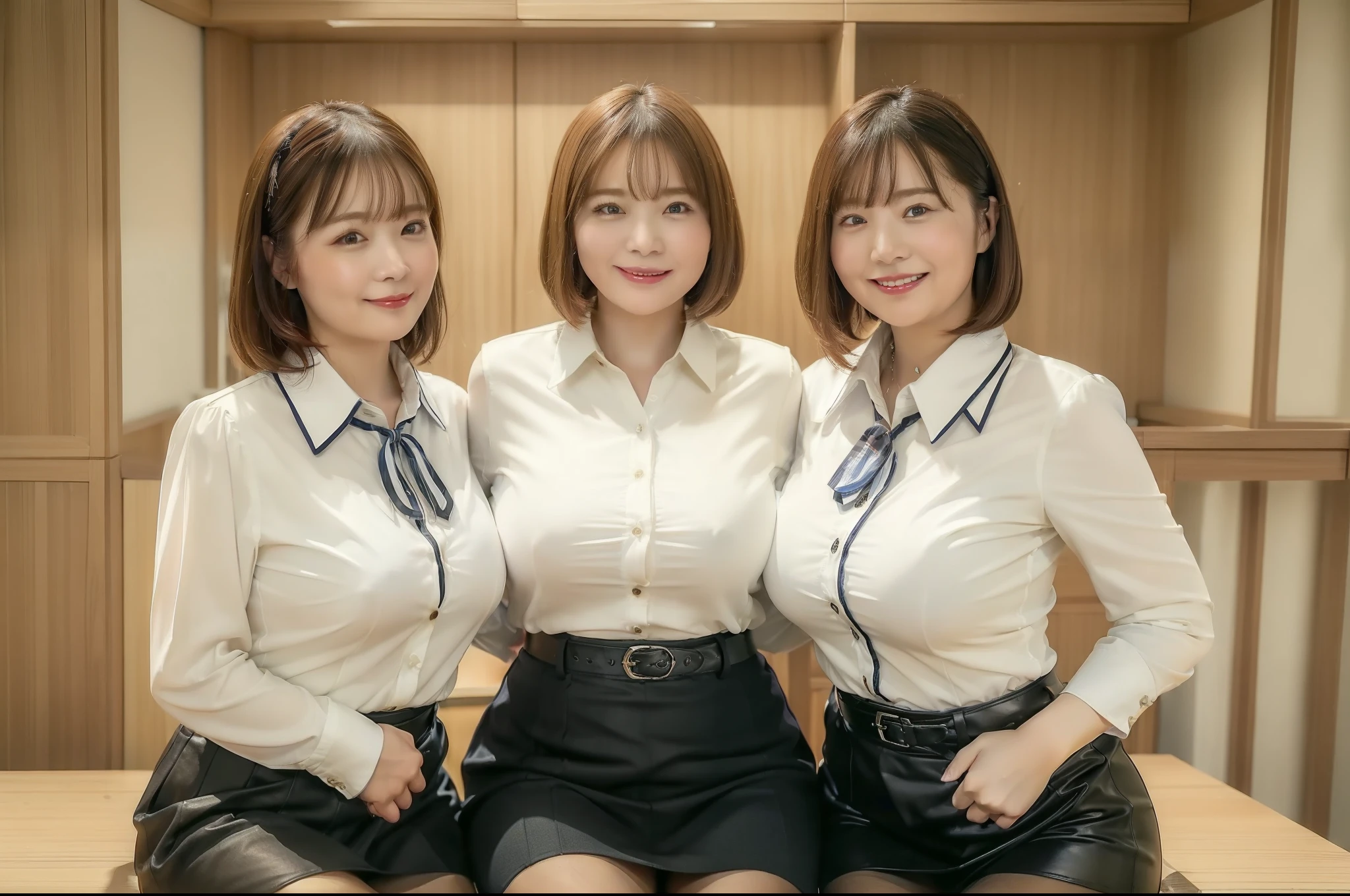 ((Best Quality, 8k, Masterpiece, Portrait: 1.3)), (looking at viewer), (close up:0.85), attractive business milfs, 4 people, a bit chubby:0.35, white collared shirt, Tight Skirt、Short skirt、Spread your legs、Bust is larger,My bust hits the person next to me、 smile, nobody office,