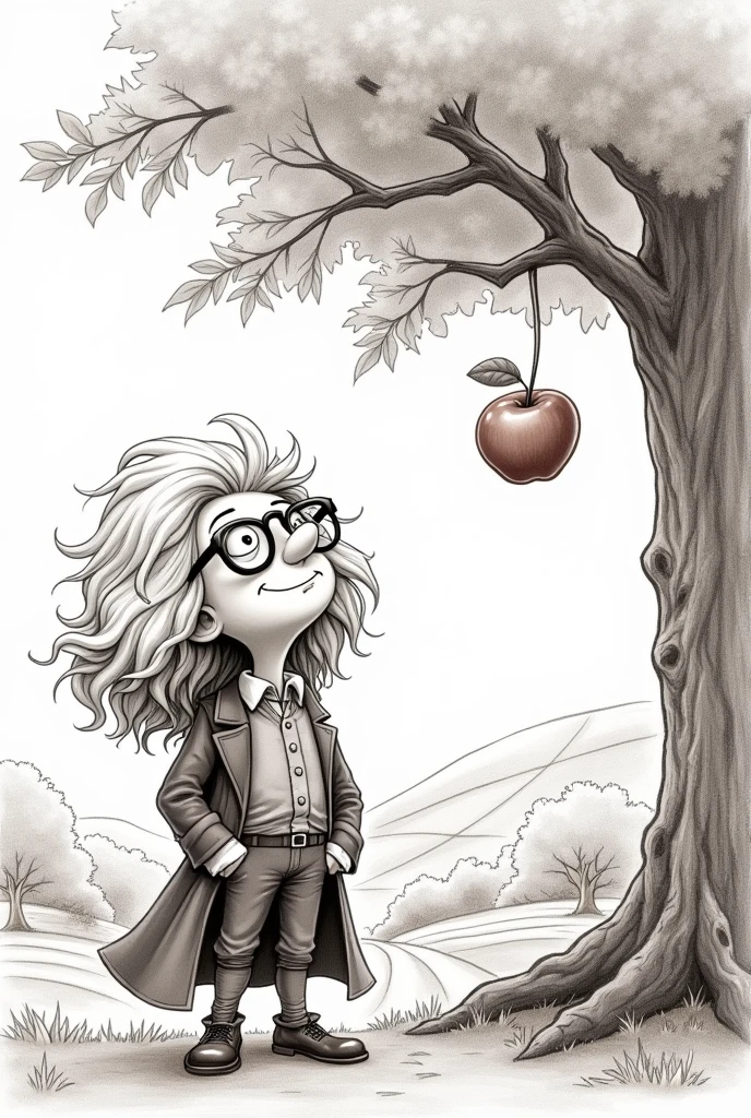 Create a cartoon image of Newton with apple, draw with pencil 