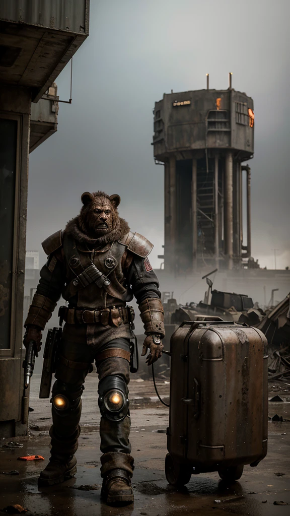 A dystopian, post-apocalyptic scene featuring a massive mechanical quadruped resembling a robotic beast with a worn, rugged appearance. The machine has a large, weathered, fur-covered head with a glowing red eye and various wires and components hanging from its body. Standing atop this mechanical creature is a lone figure dressed in heavy, fur-lined clothing, holding a large weapon and surveying the desolate, foggy ruins of a city in the background. The overall atmosphere is cold, bleak, and industrial, with muted colors and a sense of decay.