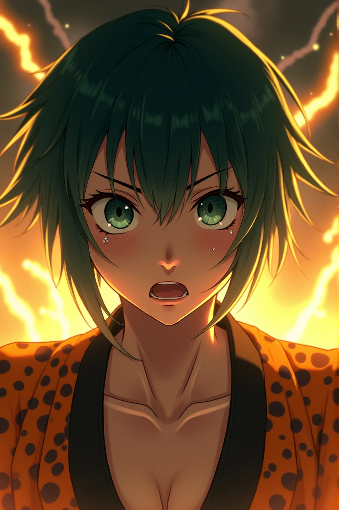 Realistic, Extreme close up, Create an image of an intense character girl short hair, natural medium breast, a little cleavage, with spiky, green-black hair. Holding samurai, The character appears to be in a dramatic moment, with tears streaming down her face and a determined expression. She is wearing a traditional Japanese-style outfit with a distinctive orange and black pattern. The background is dark and dynamic, with sparks, yellow lighting, thunder and energy surrounding the character, enhancing the intense atmosphere.