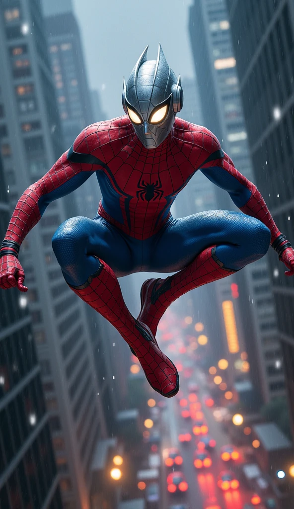 Ultraman, now in Spider-Man’s iconic red and blue suit, swings gracefully between towering skyscrapers, the city lights twinkling below like a sea of stars. His usually massive, metallic form is streamlined, adapting to the agile movements of a web-slinger. The wind rushes past him, carrying the scent of rain-soaked streets, as he effortlessly glides through the night sky. The glowing eyes of his suit, now smaller and more expressive, convey a sense of wonder and newfound freedom. Despite his immense power, there’s a lightness in his movements, a harmony between his immense strength and the delicate balance of swinging through the urban jungle, embracing the spirit of Spider-Man with every leap and turn.