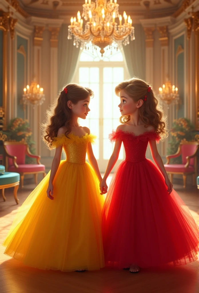 Two girls, one in yellow, the other in red., Cinderella Blue Party, house background