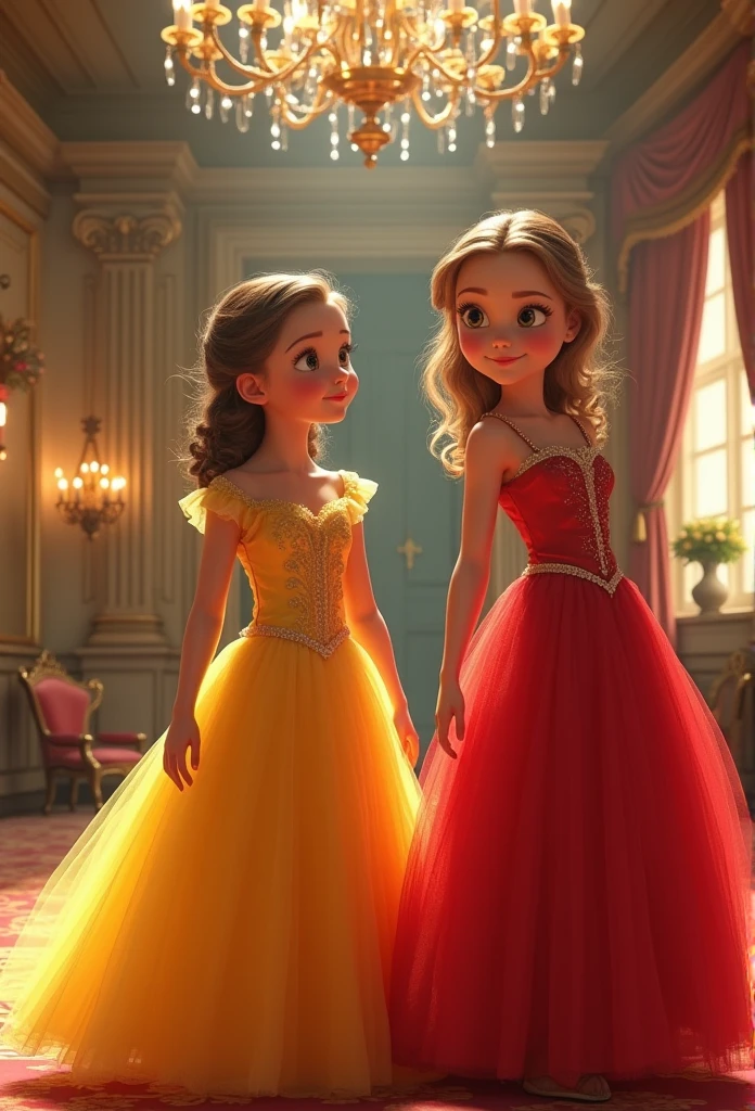 Two girls, one in yellow, the other in red., Cinderella Blue Party, house background