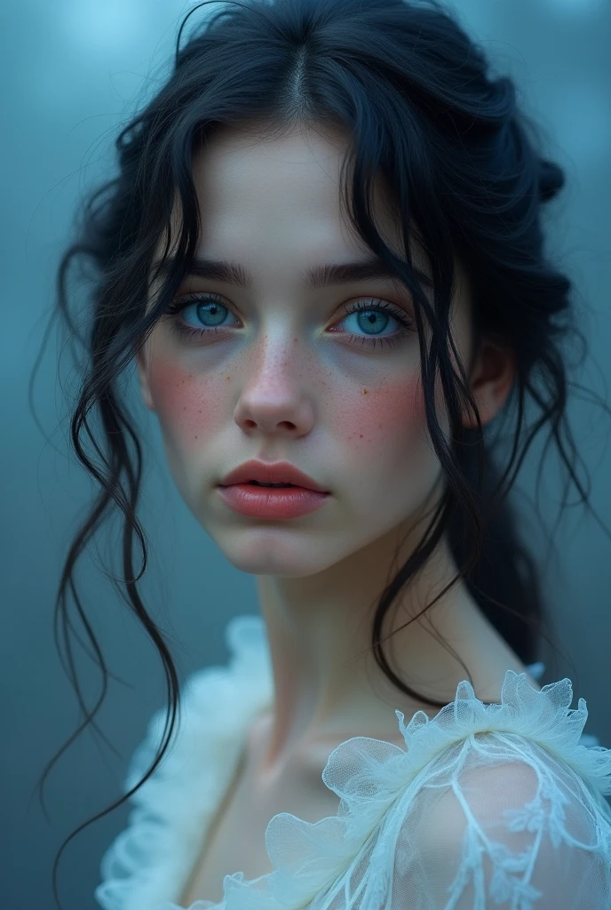 a beautiful rusian girl twenty years, with dark hair, blue eyes sapphire, freckles and blushing cheeks, pink lips, dress white, wavy black hair, blue haze dark, blue background,