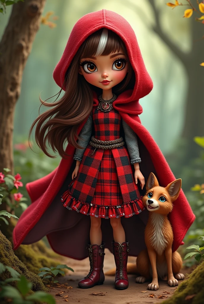 Imagem da filha da Cerise Hood e da Cedar Wood de Ever After High: You must have straight, wavy hair with brown bangs and a white streak., eyes browns, Light brown skin, big red hood, red dress with gray details, with red and black checkered details on the top and red with leaves on the bottom, wooden and leafy elements in clothing, brown boot with a wolf cub next to it