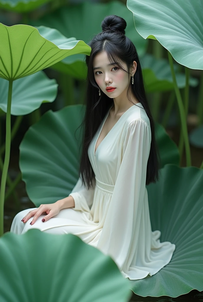 1 girl, Solo, Giant lotus leaf, Black hair, dress, Looking at the audience, White dress, hair-bun, Sitting, single hair bun, Leaves, Long sleeves, Red lips, Realistic