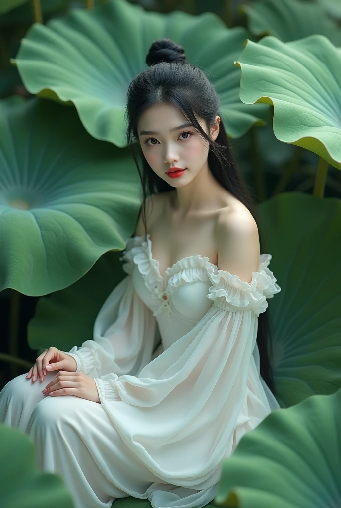 1 girl, Solo, Giant lotus leaf, Black hair, dress, Looking at the audience, White dress, hair-bun, Sitting, single hair bun, Leaves, Long sleeves, Red lips, Realistic