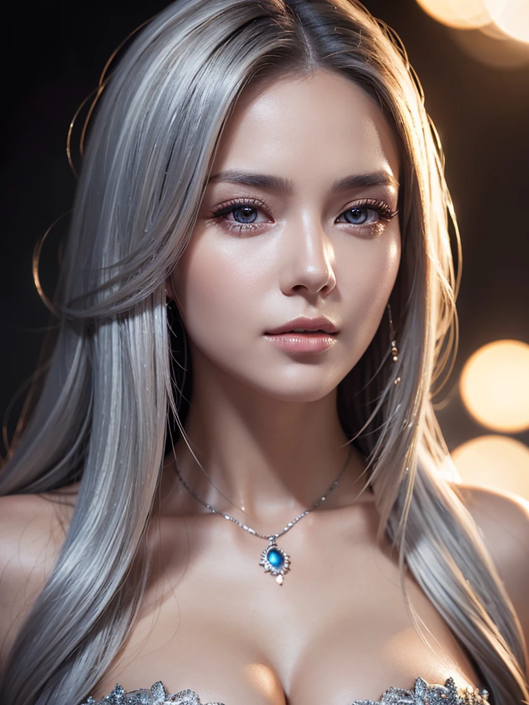 a beautiful woman with long silver hair , detailed realistic portrait, studio, detailed face features, detailed eyes and lips, beautiful glowing skin, detailed cleavage, microphone, photorealistic, 8k, best quality, (realistic:1.37), (masterpiece:1.2), ultra-detailed, cinematic lighting, warm color tones, dramatic lighting