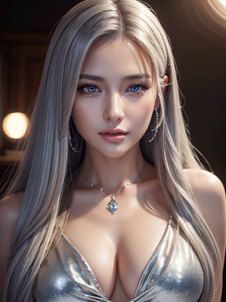 a beautiful woman with long silver hair , detailed realistic portrait, studio, detailed face features, detailed eyes and lips, beautiful glowing skin, detailed cleavage, microphone, photorealistic, 8k, best quality, (realistic:1.37), (masterpiece:1.2), ultra-detailed, cinematic lighting, warm color tones, dramatic lighting