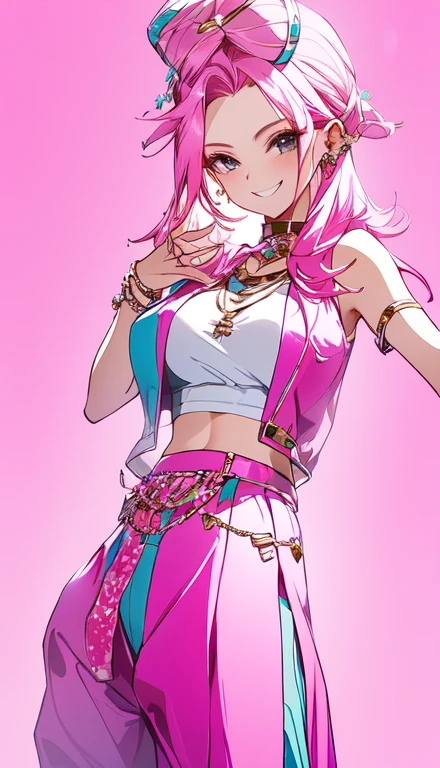 A smug narcissistic pink haired woman wearing a pink bra and blue pants and lots of jewelry flaunting herself