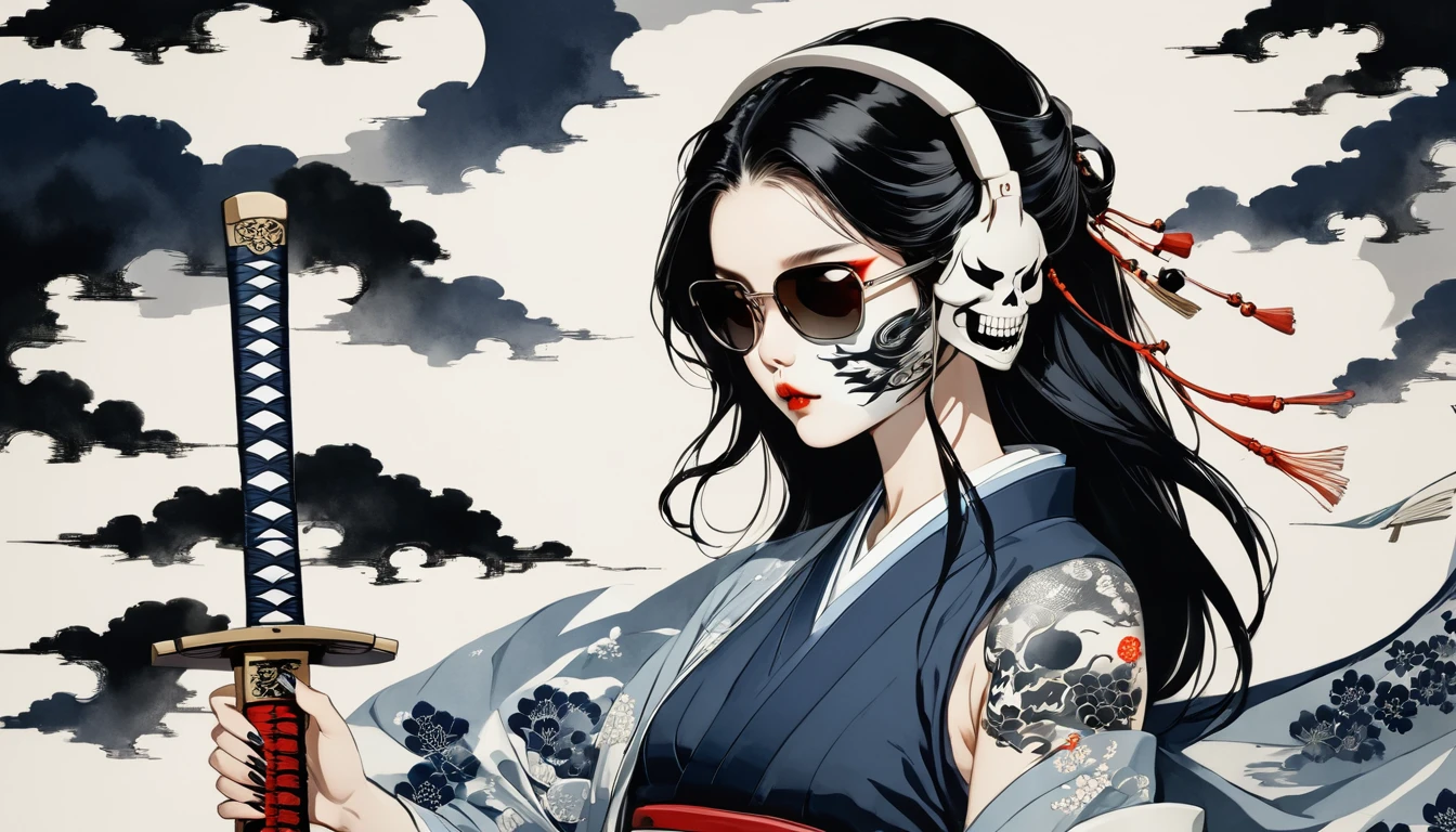 Ink Painting, (((1 girl))), (((Tattoo on face))), (((sunglasses))),(((skull mask))), (((Japanese sword))), Japanese style headphones, beautiful girl, Black Hair, Delicate and precise, Modern ukiyo-e style, background color Darkness