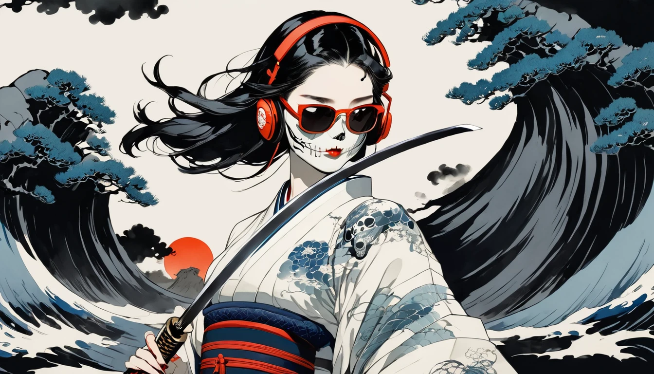 Ink Painting, (((1 girl))), (((Tattoo on face))), (((sunglasses))),(((skull mask))), (((Japanese sword))), Japanese style headphones, beautiful girl, Black Hair, Delicate and precise, Modern ukiyo-e style, background color Darkness