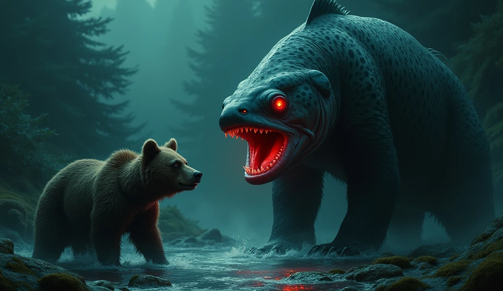 There is a shadow、Fish salmon、The fish has small black spots on its body.、Horror、The fish&#39;s eyes are glowing red、The fish is going to eat the bear、The bear is surprised