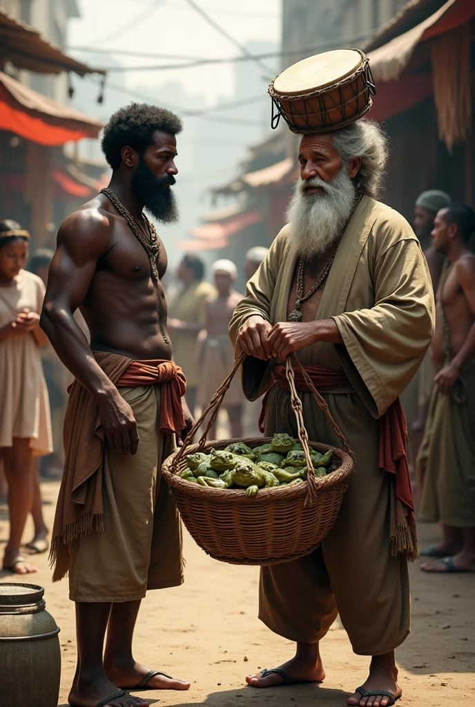 A skinky black skin man selling frog in the basket and  drum on his head standing with old white beard man
