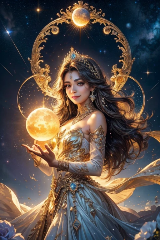 A light orb with magician circle around the orb, hand, many shining erfly, beautiful smile, sparkle sky, shining, gust of wind, light bright flowers, sun and moon, dark light of fantastic and cosmological with universal. Amazing view very bright and warm starry. Detail, HD, Enchanted. Multiple colours. Beautiful perfect face and anatomy. Amazing bright dress. Very epic and bright, best pose. A goddess. Golden shining accessories. Cute