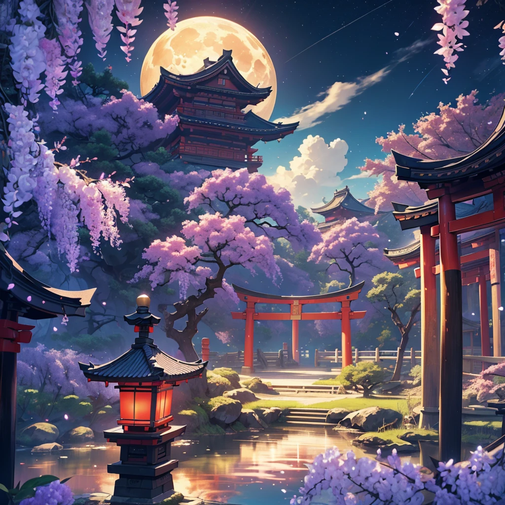 japanese torii gate, wisteria, surreal, fantasy world, universe, moon, lake, dark night , clouds, dreamy, mysterious, ultra HD, high quality, 32k, simple plain background, 8k, hd, unreal engine, dreamy, romantic, mysterious, Chinese style , ink painting,