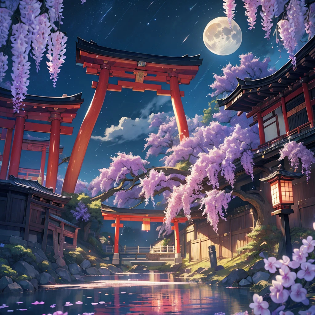 japanese torii gate, wisteria, surreal, fantasy world, universe, moon, lake, dark night , clouds, dreamy, mysterious, ultra HD, high quality, 32k, simple plain background, 8k, hd, unreal engine, dreamy, romantic, mysterious, Chinese style , ink painting,