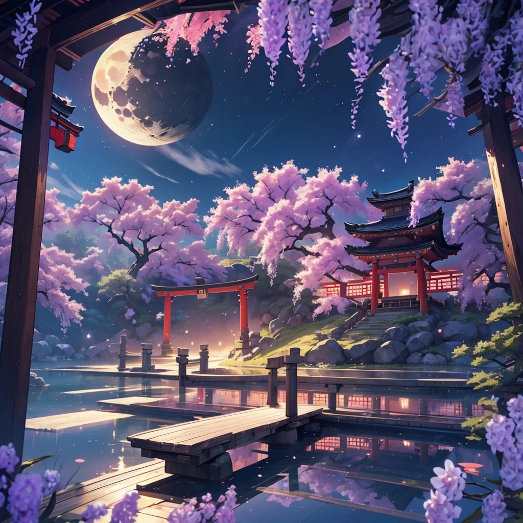 japanese torii gate, wisteria, surreal, fantasy world, universe, moon, lake, dark night , clouds, dreamy, mysterious, ultra HD, high quality, 32k, simple plain background, 8k, hd, unreal engine, dreamy, romantic, mysterious, Chinese style , ink painting,