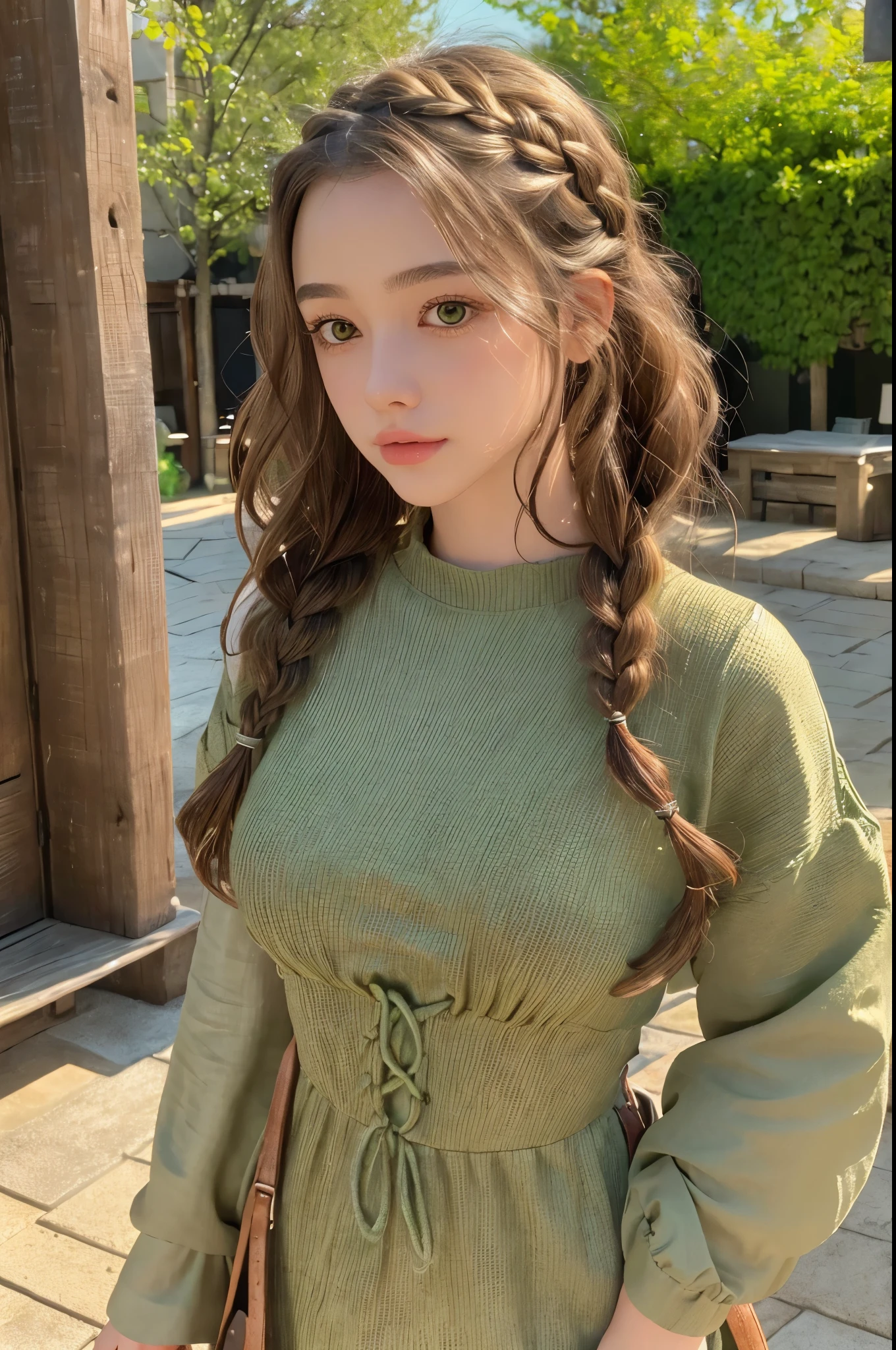 1 girl, solo, cute, looking at viewer, beautiful body, blush, (brown short crown braided wavy hair), (small breast), (green eyes), very life-like eyes, stylish casual outfit, medieval leather tunic brown, coconut fiber clothing, beautiful environment, highly detailed, masterpiece, best quality, highest quality, high resolution, (masterpiece:1.2), realistic lighting, incredible lighting