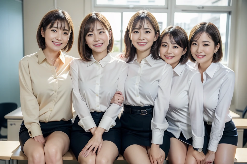 ((Best Quality, 8k, Masterpiecedetails, ultra-high resolution)), (group picture),(looking at the viewer), (full shot:), attractive business 5 milfs, 5 people, a bit chubby:0.25, seductive expression, white collared shirt, Short skirt、Bust is larger、The five of them are close together.、バストを隣に引っ付ける、Thighs、 (sitting with cross legs on office desks)), smile,