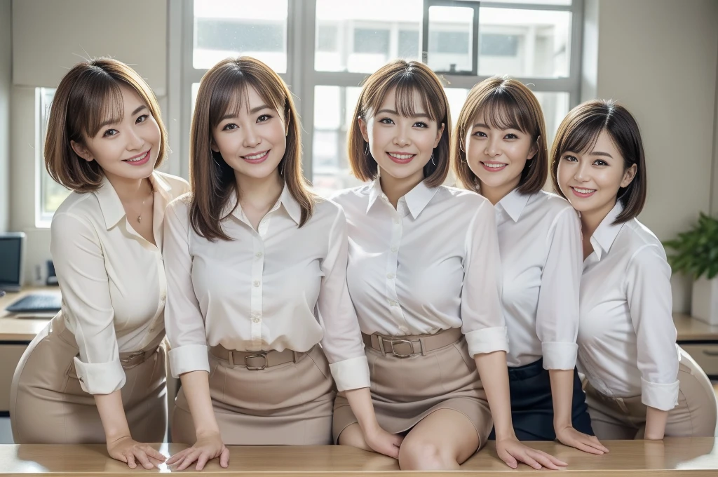 ((Best Quality, 8k, Masterpiecedetails, ultra-high resolution)), (group picture),(looking at the viewer), (full shot:), attractive business 5 milfs, 5 people, a bit chubby:0.25, seductive expression, white collared shirt, Short skirt、Bust is larger、The five of them are close together.、バストを隣に引っ付ける、Thighs、 (sitting with cross legs on office desks)), smile, 