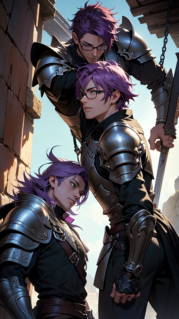 detailed anime style fantasy portrait of a 2 man, short purple hair, green eyes, wearing glasses, swinging a sword, in knights armor, highly detailed, cinematic lighting, warm color palette, dramatic pose, intricate armor details, photorealistic, 8k, HDR, sharp focus, physically-based rendering