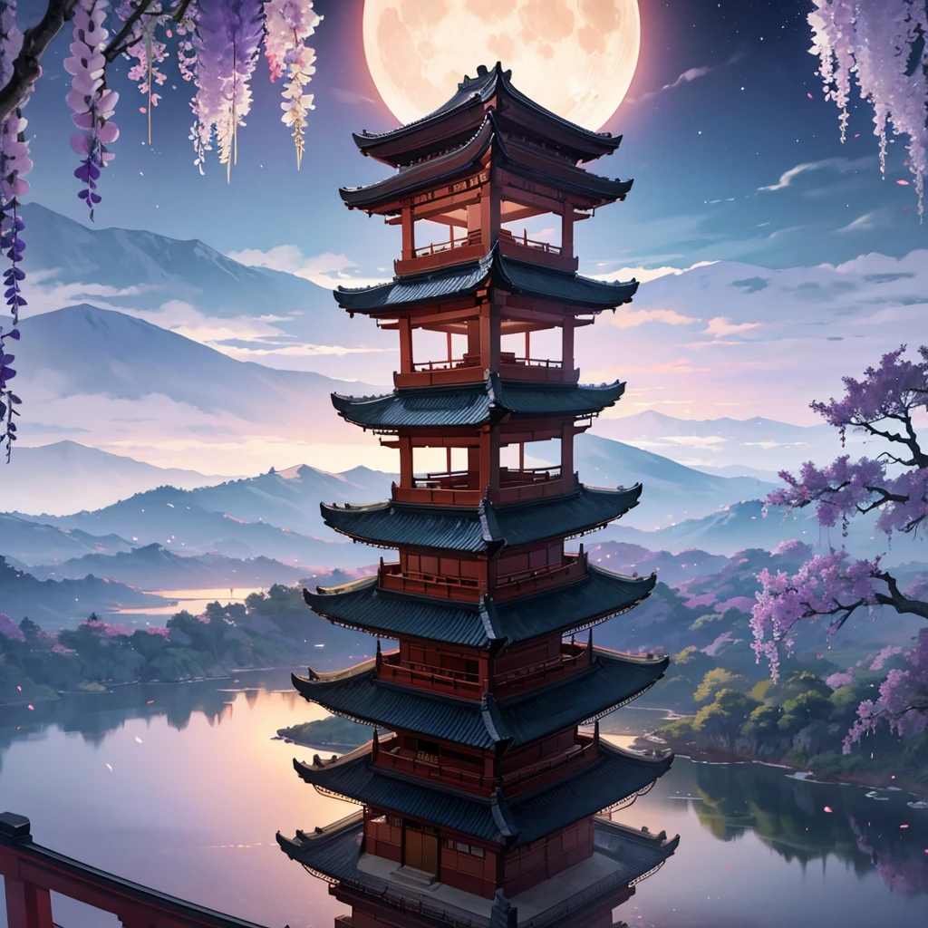 japanese torii gate, wisteria, surreal, fantasy world, universe, moon, lake, dark night , clouds, dreamy, mysterious, ultra HD, high quality, 32k, simple plain background, 8k, hd, unreal engine, dreamy, romantic, mysterious,Chinese style , ink painting,