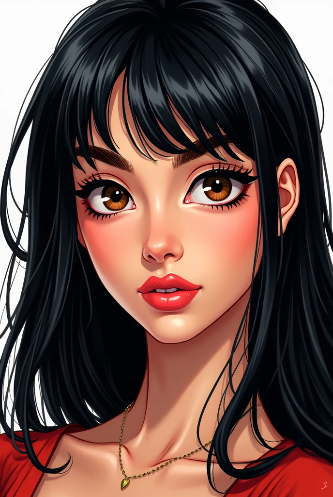 young white woman,Marvel Comic Style, black hair with straight medium length hair, normal brown eyes with long eyelashes, cute lips with a mole below on the left,greek nose,