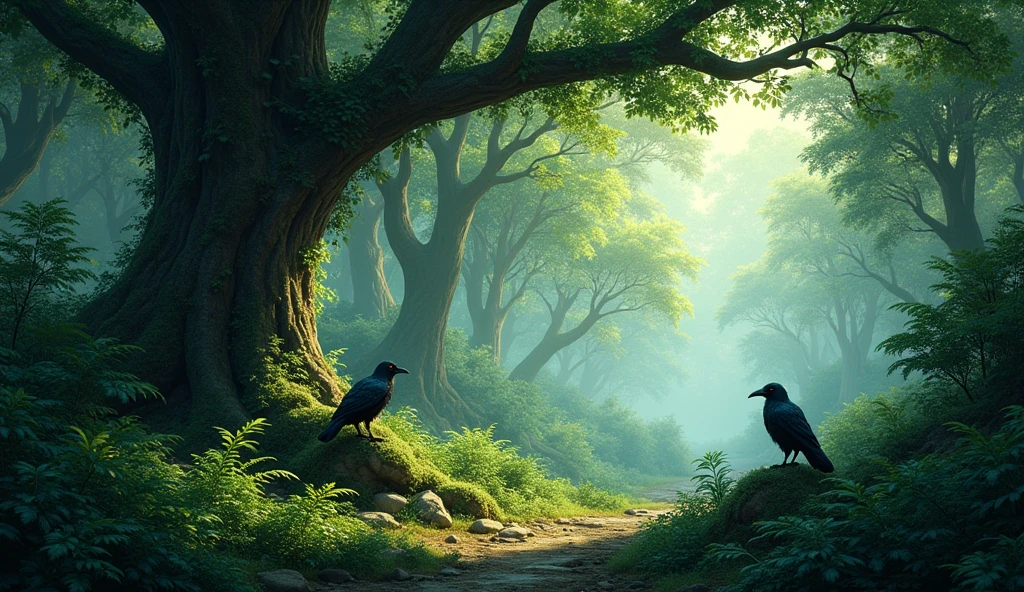 An early picture of the forest: A dense forest scene with various trees and plants. Among the trees is shown a large tree with a crow perched on its branch.