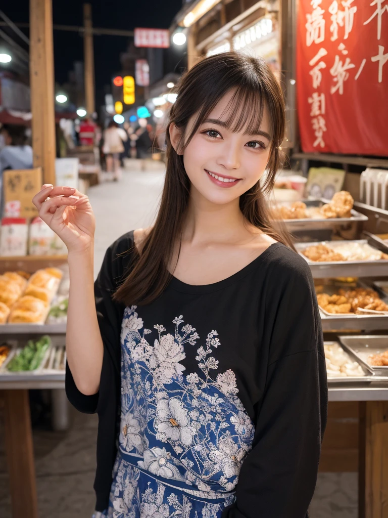 1girl, solo, highres, best_quality, masterpiece, detailed_background, intricate_details, beautiful, fukuoka, hakata, yatai_stalls, night_market, street_food, casual_clothes, smile, looking_at_viewer, dynamic_pose, natural_pose, candid, happy