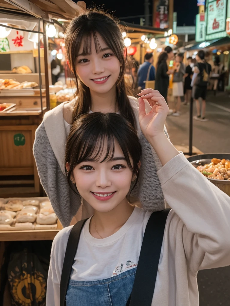 1girl, solo, highres, best_quality, masterpiece, detailed_background, intricate_details, beautiful, fukuoka, hakata, yatai_stalls, night_market, street_food, casual_clothes, smile, looking_at_viewer, dynamic_pose, natural_pose, candid, happy