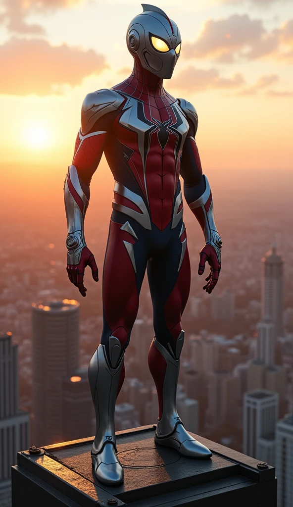Spider-Man, clad in Ultraman’s sleek silver and red armor, stands tall on a skyscraper's edge, overlooking a sprawling city bathed in the orange glow of the setting sun. The familiar web-slinger’s eyes, now framed by the metallic suit, reflect a new sense of power and responsibility. The gentle breeze ruffles the suit’s fabric elements, blending the futuristic armor with the natural world around him. As he gazes out over the city, the weight of both his old and new identities presses on him, yet there’s a calm resolve in his stance—a harmonious blend of Spider-Man’s agility and Ultraman’s towering strength, ready to protect the world from any threat.