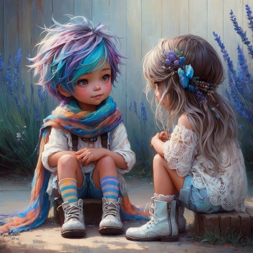 painting of two s sitting on a step with their hair dyed, beeple and jeremiah ketner, loish and ross tran, adorable digital painting, childrens art in artstation, beautiful painting of friends, pino daeni and dan mumford, ross tran 8 k, cute detailed digital art, cute digital art, artwork in the style of guweiz