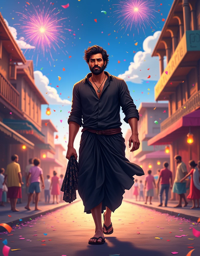 Create a anime style landscape image. Vibrant and dynamic image featuring a man walking confidently down a festive street. The man has a medium skin tone, a full beard, and dark, wavy hair. He is wearing a black shirt and black dhoti, and he is holding a patterned black shirt. The background is filled with colorful confetti and fireworks, creating a celebratory atmosphere. The street is illuminated with bright lights, and there are buildings and decorations visible on both sides. The overall scene is lively and energetic, capturing a moment of joy and celebration.