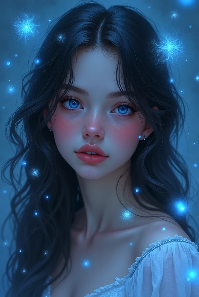 a beautiful rusian girl twenty years, with dark hair, blue eyes sapphire, freckles and blushing cheeks, pink lips, dress white, long wavy black hair, blue haze dark, blue background, blue fireflies
