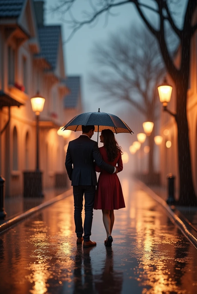 A romantic scene of a couple walking together in the rain. They are sharing an umbrella as soft rain falls around them, creating a misty atmosphere. The street is wet, with puddles reflecting the soft glow of streetlights and the cloudy sky. The couple is close, enjoying the intimate moment despite the rain. In the background, blurred buildings and trees add to the cozy, rainy ambiance. The scene feels warm and tender, capturing the quiet beauty of love shared on a rainy day."