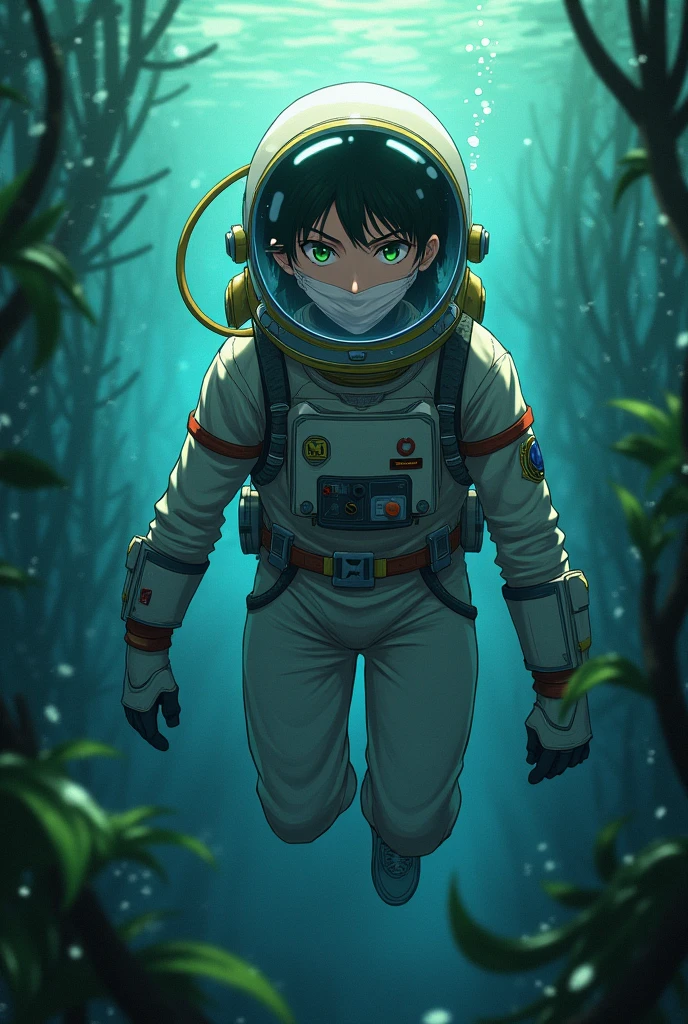 Handsome anime guy Midoriya Izuku is underwater while diving wearing an astronaut suit and wearing a cotton mask inside his astronaut helmet. Diving underwater in the swamp with sexy pose