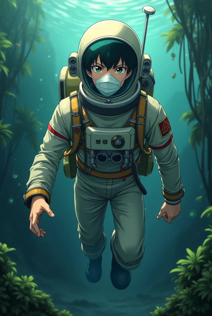 Handsome anime guy Midoriya Izuku is underwater while diving wearing an astronaut suit and wearing a cotton mask inside his astronaut helmet. Diving underwater in the swamp with sexy pose
