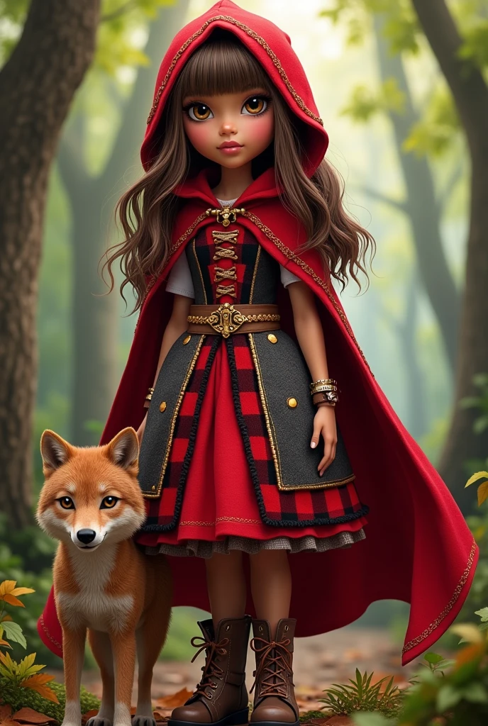 Imagem da filha da Cerise Hood e da Cedar Wood de Ever After High: You must have straight, wavy hair with brown bangs and a white streak., eyes browns, Light brown skin, big red hood, red dress with gray details, with red and black checkered details on the top and red with leaves on the bottom, wooden and leafy elements in clothing, brown boot with a wolf cub next to it