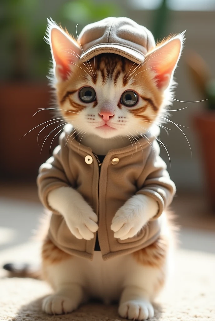 "a real and cute cat standing on its hind legs, Facing forward, she'wearing cute clothes and a hat. the cat has soft fur with a mixture of white and light brown spots.. wearing stylish and attractive clothes, adding to the cuteness of the cat. the background is simple and slightly blurred.、Focus on the cat. The lighting is natural, adding softness to fur and clothes, Warm glow. The cat is playful、Has a friendly look, big, round eyes are looking straight ahead."
look up, Open your mouth a little,